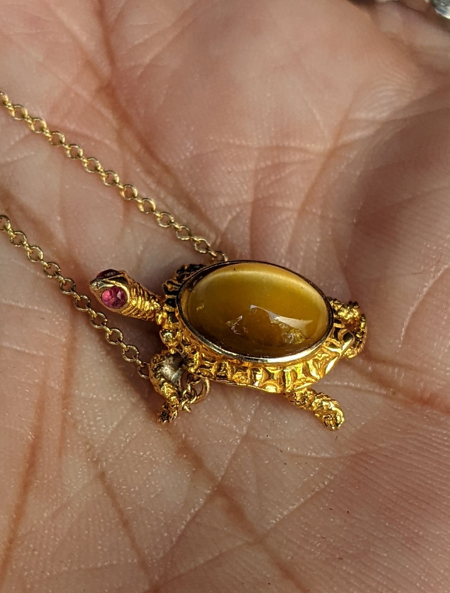 14kt tiger eye and ruby turtle necklace