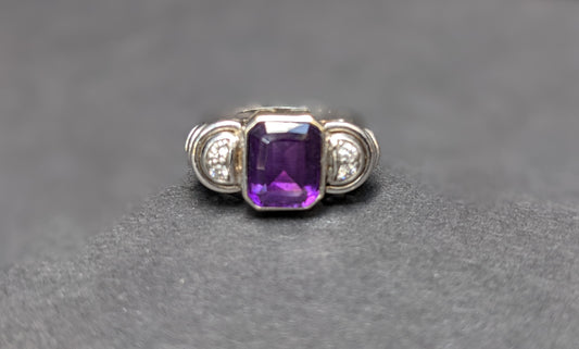 14kt White gold amethyst and diamonds 3 stone ring Art Deco German
