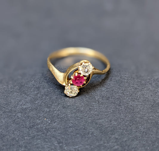 18k Victorian Gold with Ruby and Diamond 3 Stone Ring