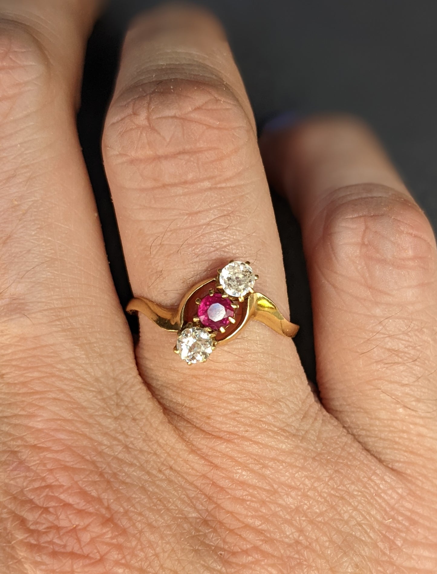 18k Victorian Gold with Ruby and Diamond 3 Stone Ring