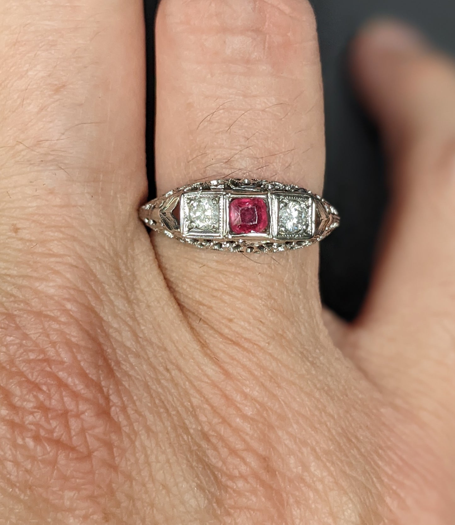 18kt 3 stone ruby and diamond  ring filigree