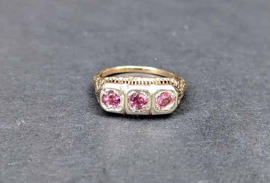 14kt three stone white and yellow filigree ring set with pink tourmalines early 1900's