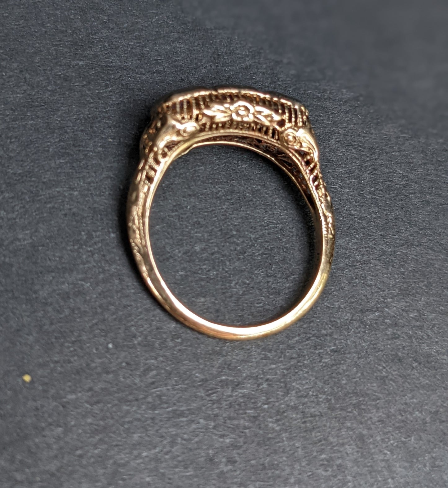 14kt three stone white and yellow filigree ring set with pink tourmalines early 1900's