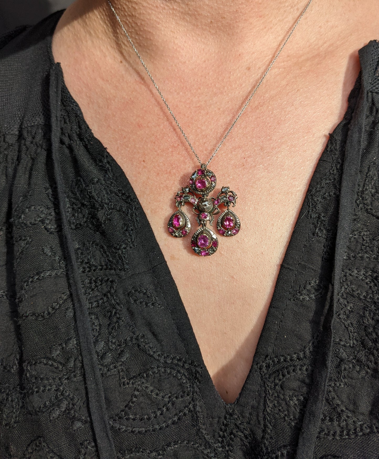 Georgian ruby sterling necklace with untreated ruby and diamond