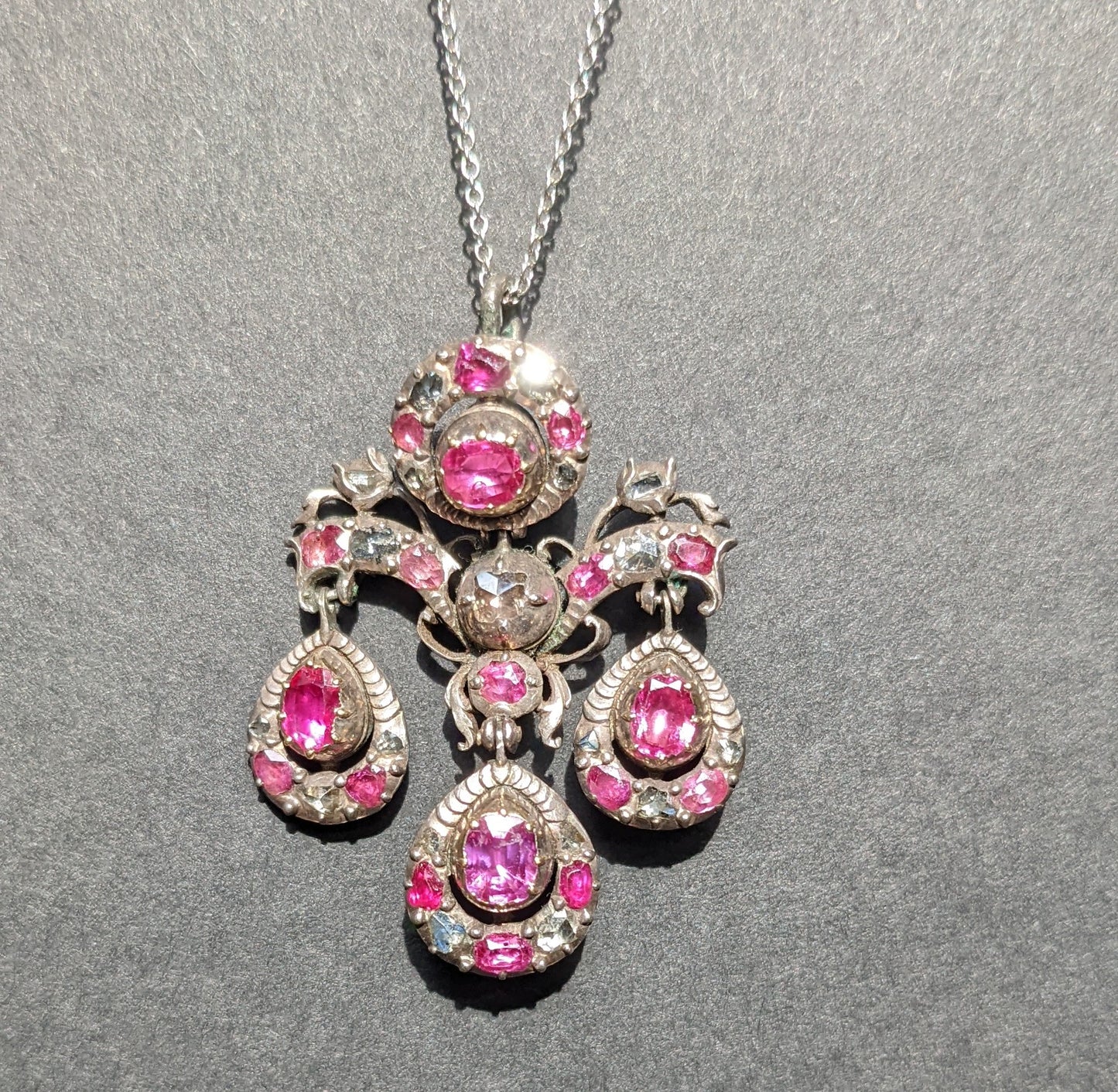 Georgian ruby sterling necklace with untreated ruby and diamond