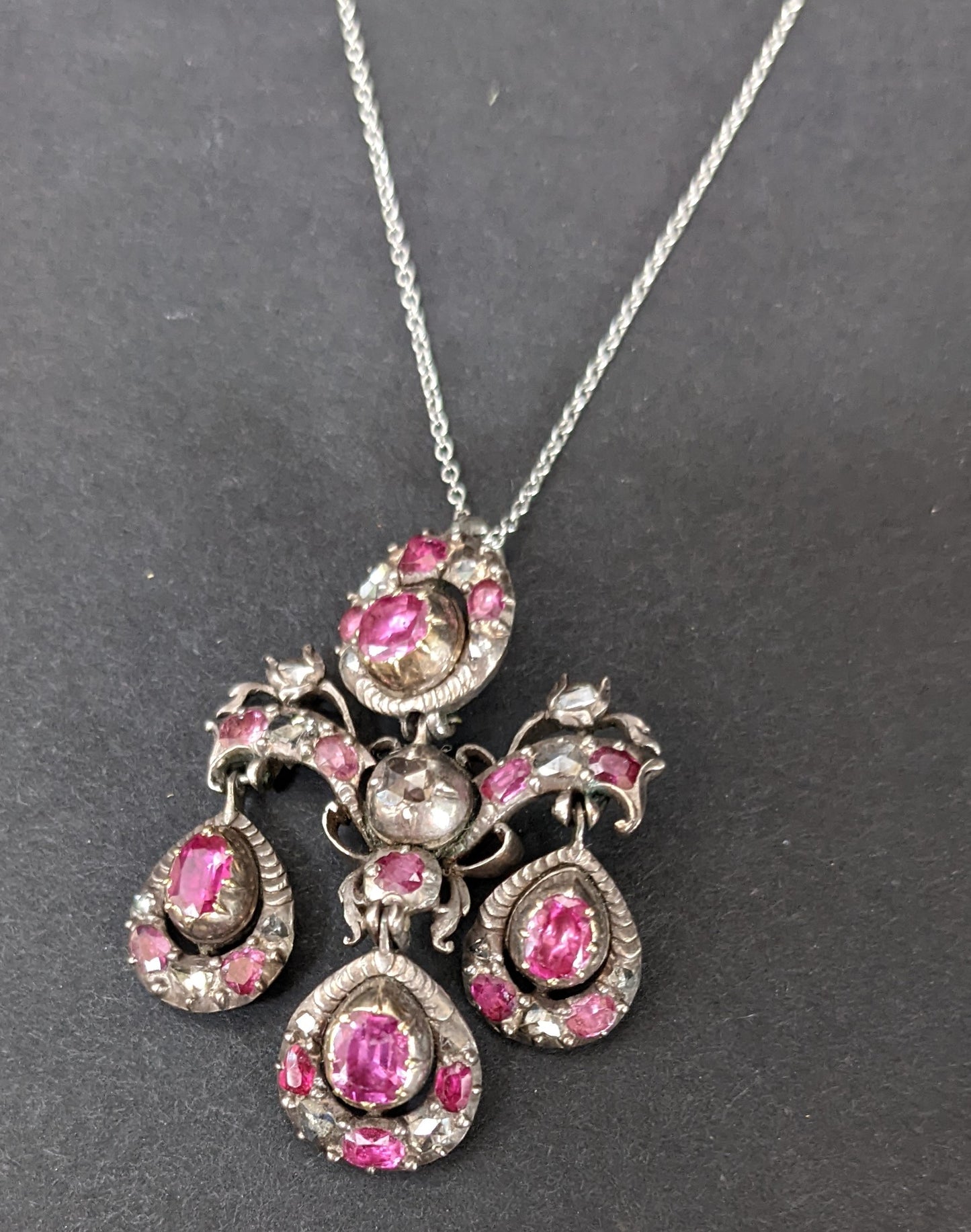 Georgian ruby sterling necklace with untreated ruby and diamond