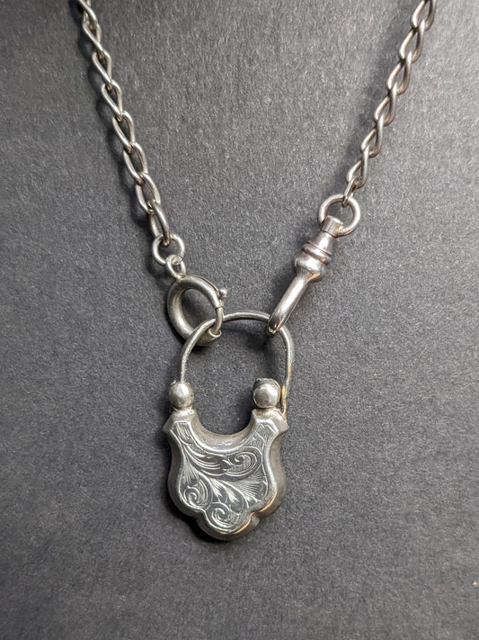 Antique Sterling Watch Chain with Heart Locket