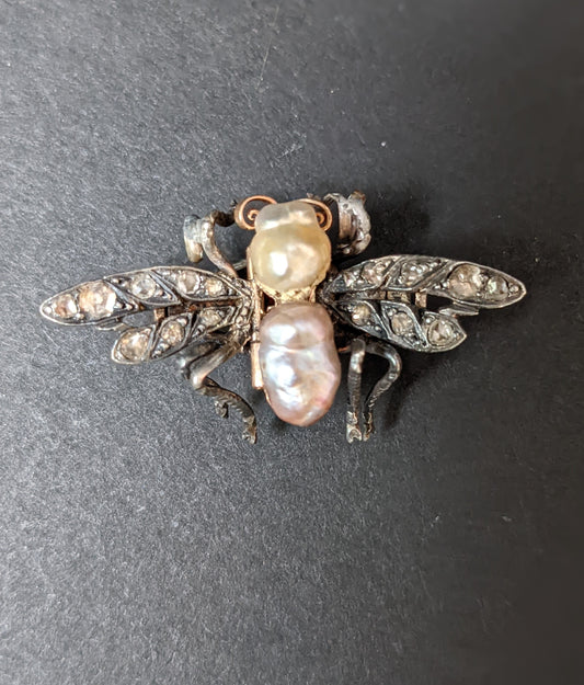 14k and sterling Bumblebee with pearls and rose cut diamonds