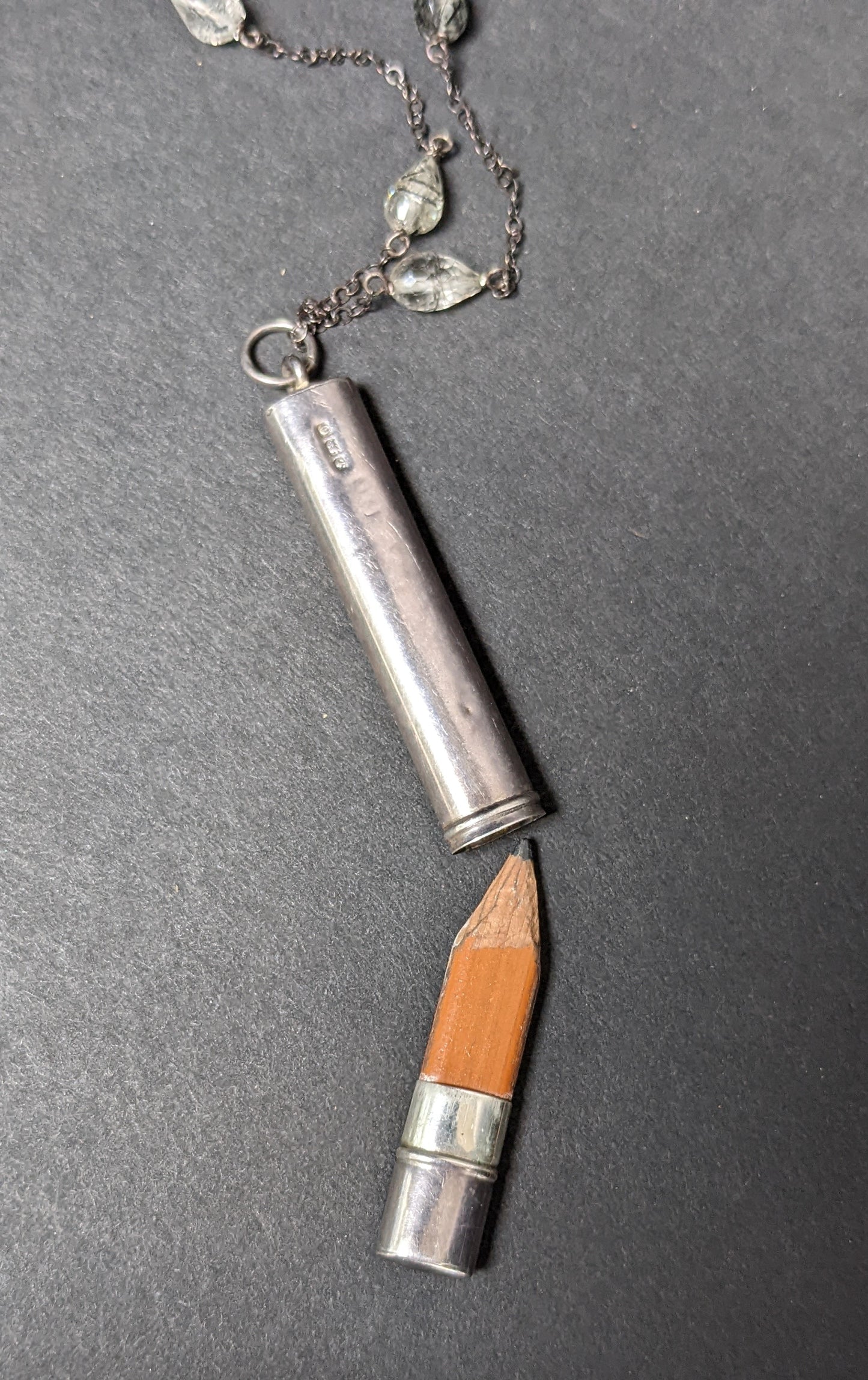 English sterling hallmarked pencil on rudilated quartz