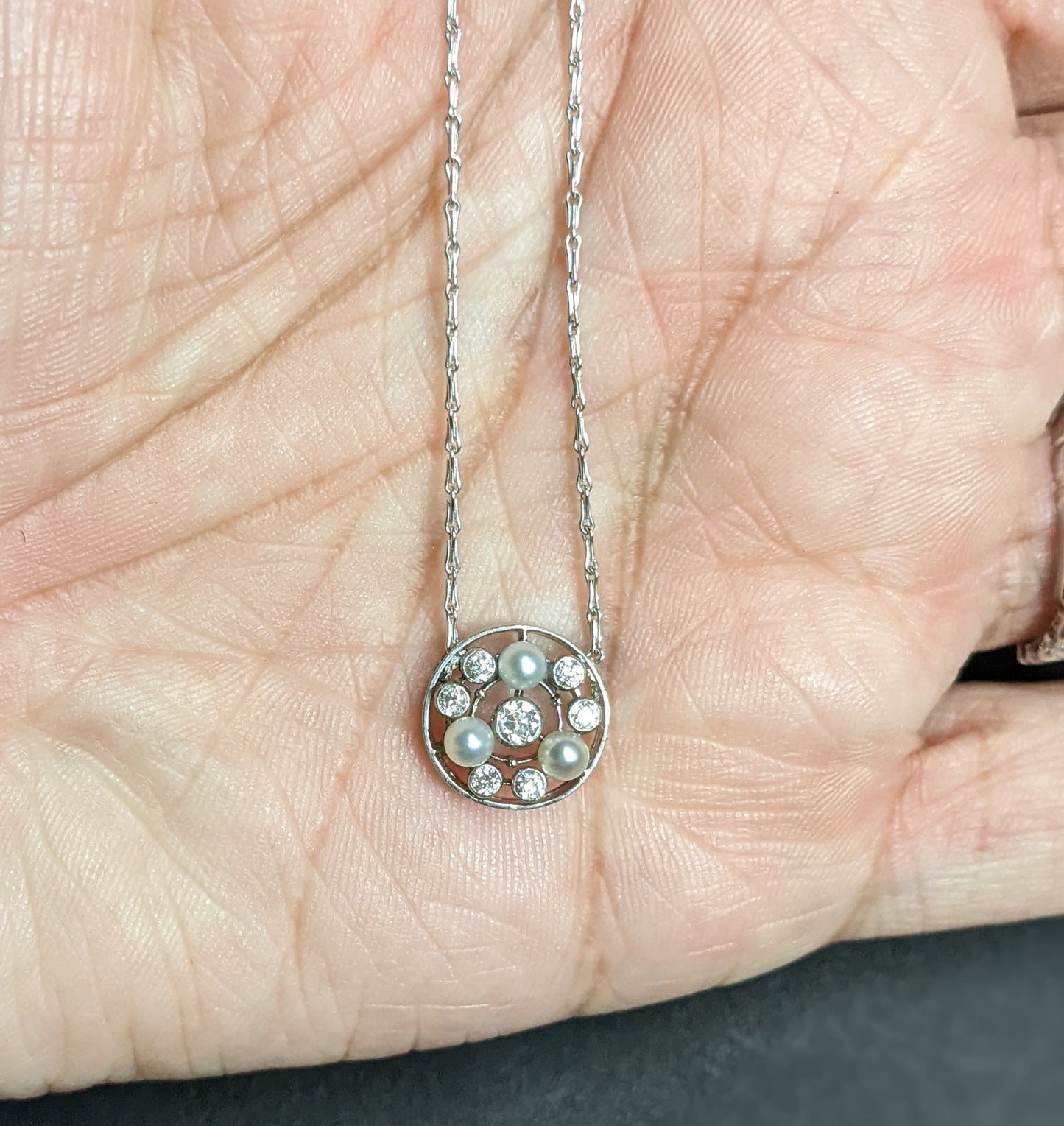 Diamond and pearl circle necklace