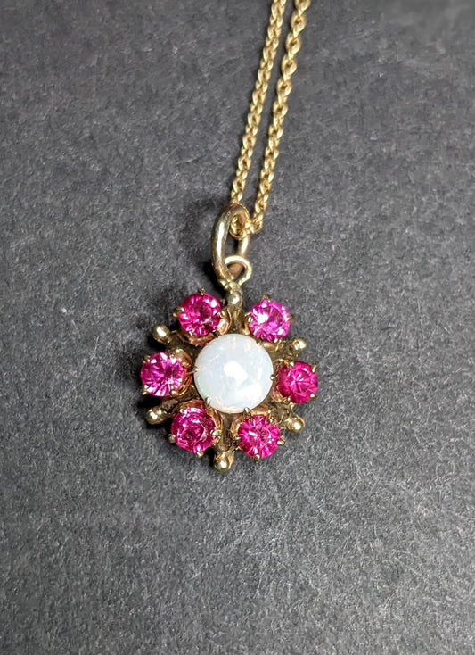 Opal and ruby cluster necklace 14k