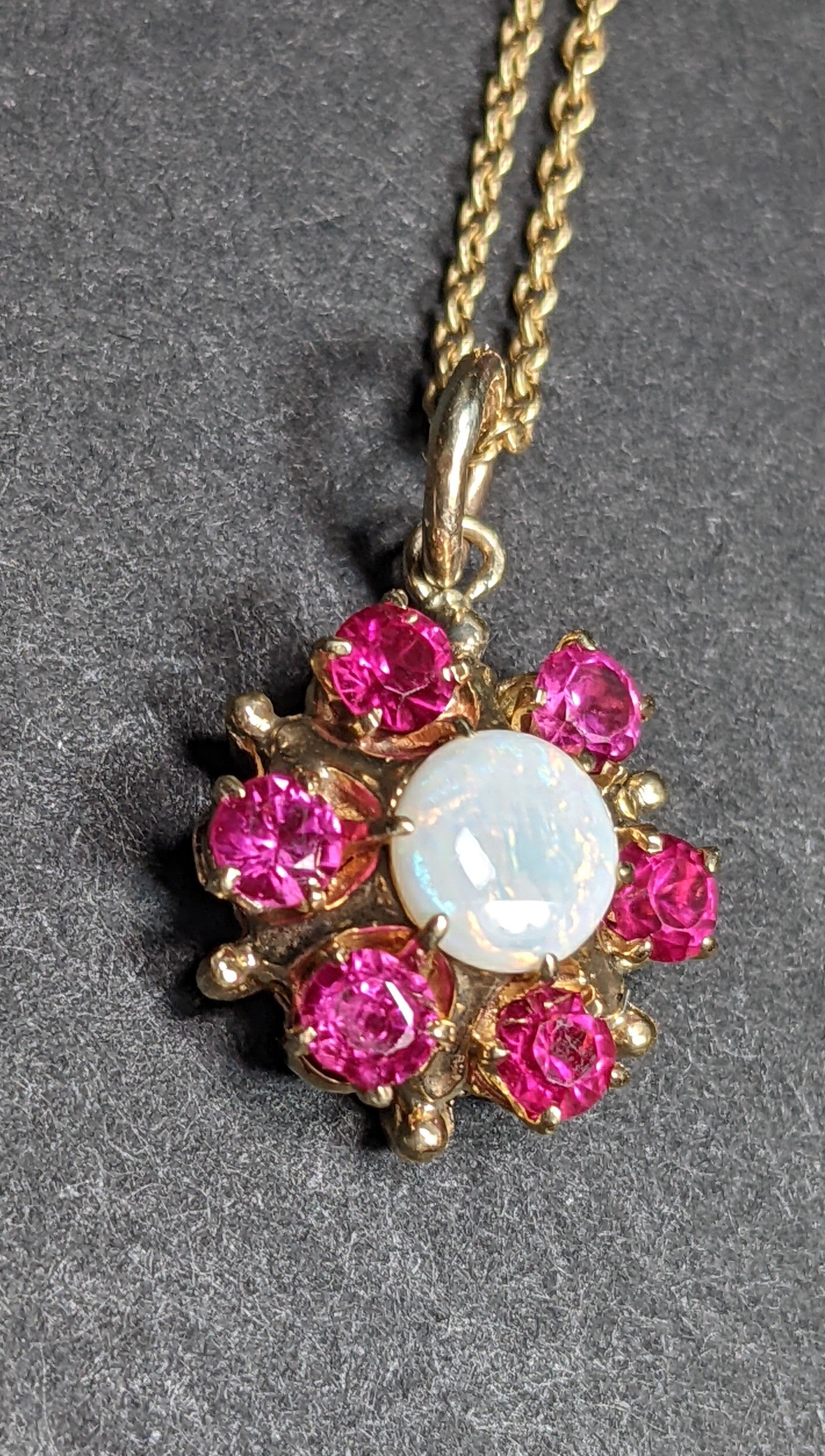 Opal and ruby cluster necklace 14k