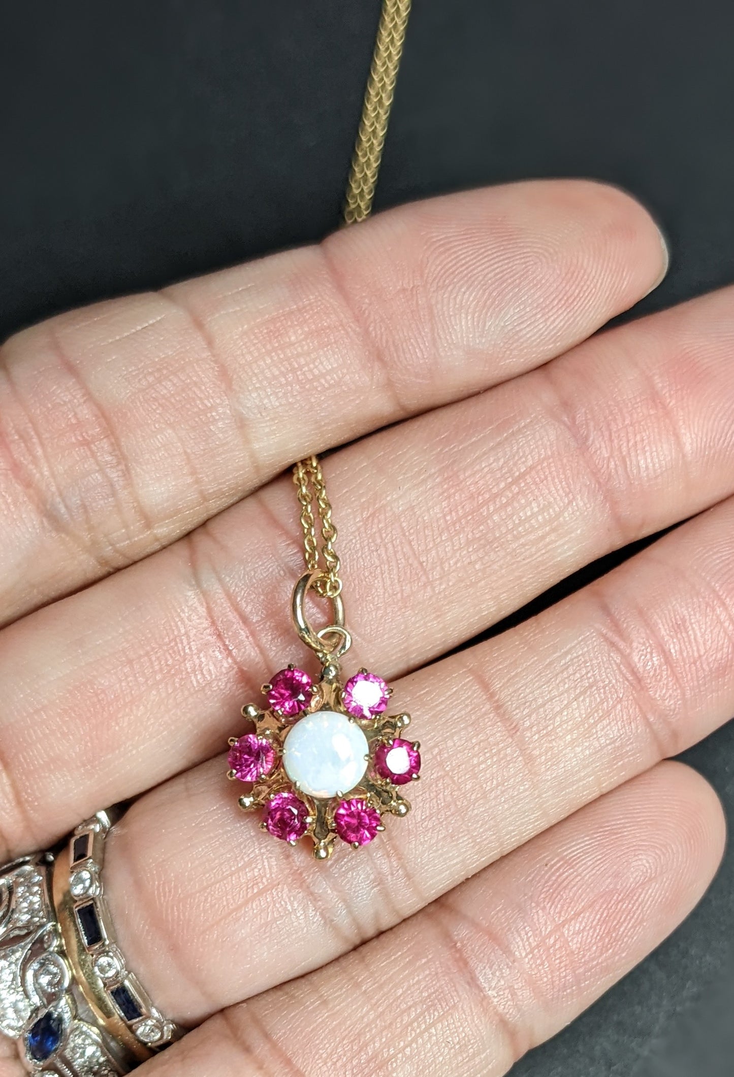 Opal and ruby cluster necklace 14k