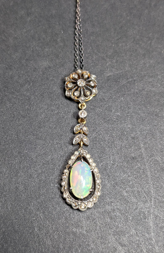 Sterling Diamond and Opal Necklace