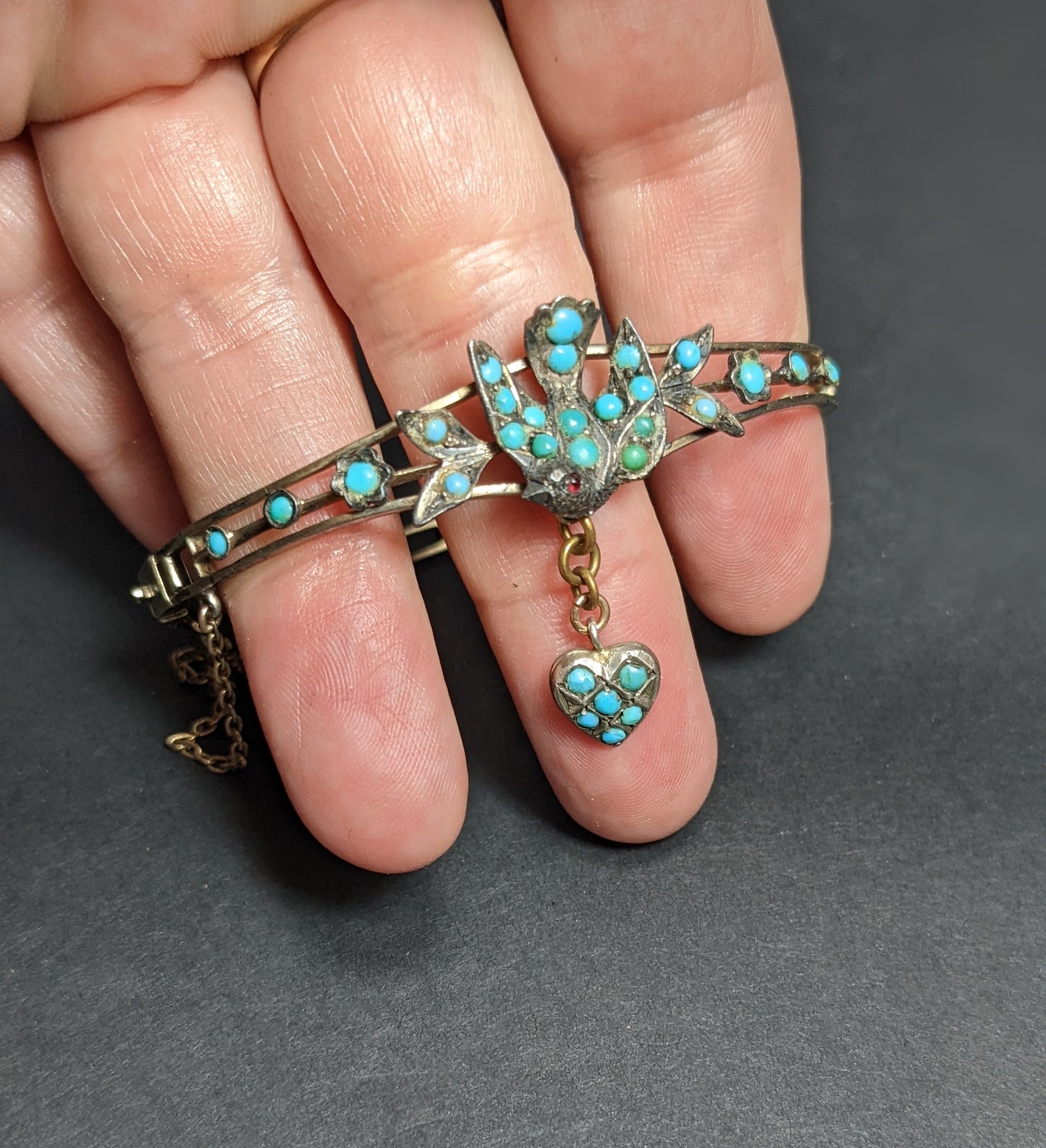 Biedermeier Silver and Turquoise Dove and Heart Bracelet