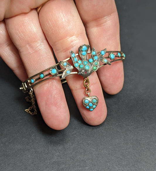 Biedermeier Silver and Turquoise Dove and Heart Bracelet