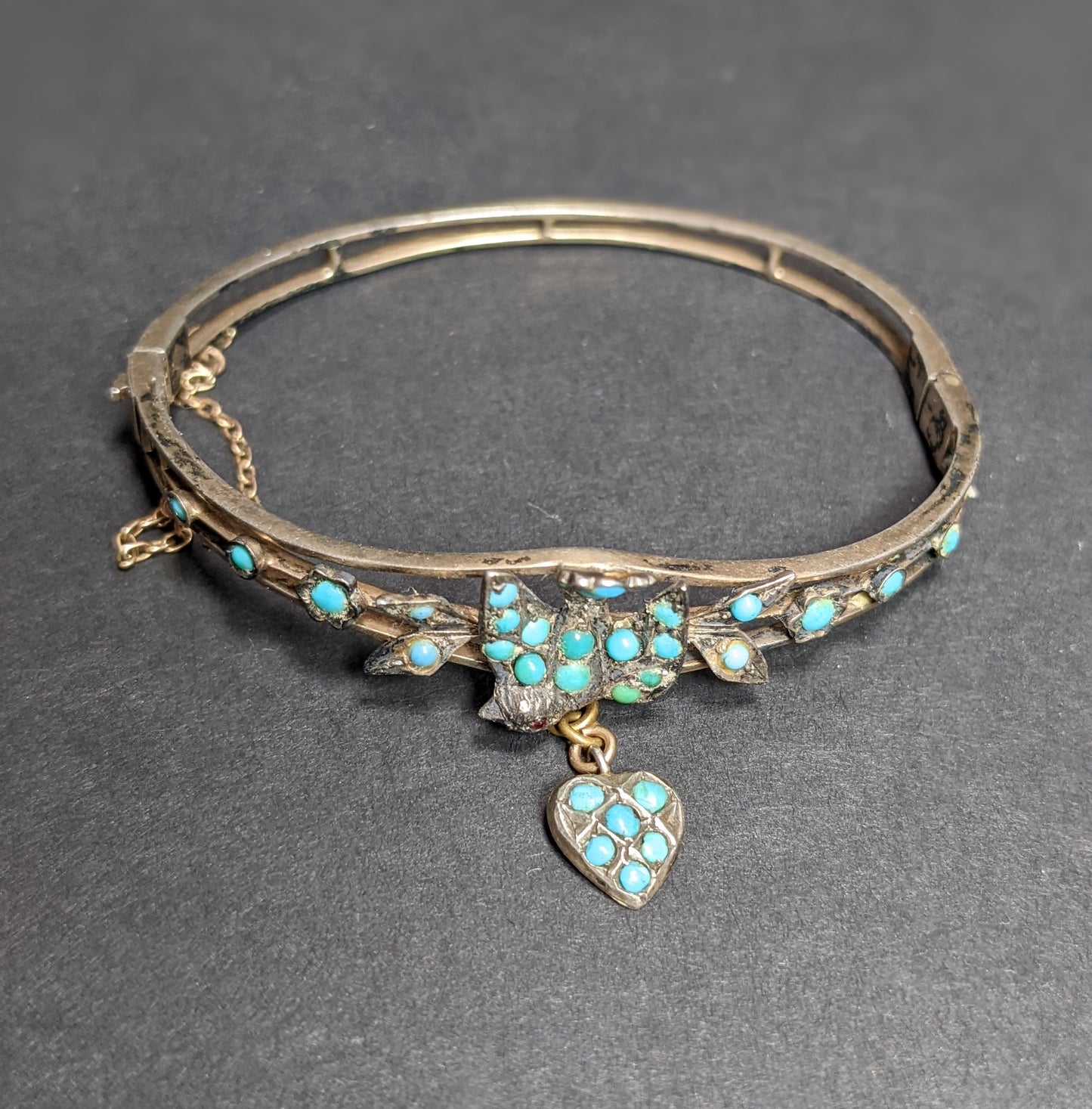 Biedermeier Silver and Turquoise Dove and Heart Bracelet
