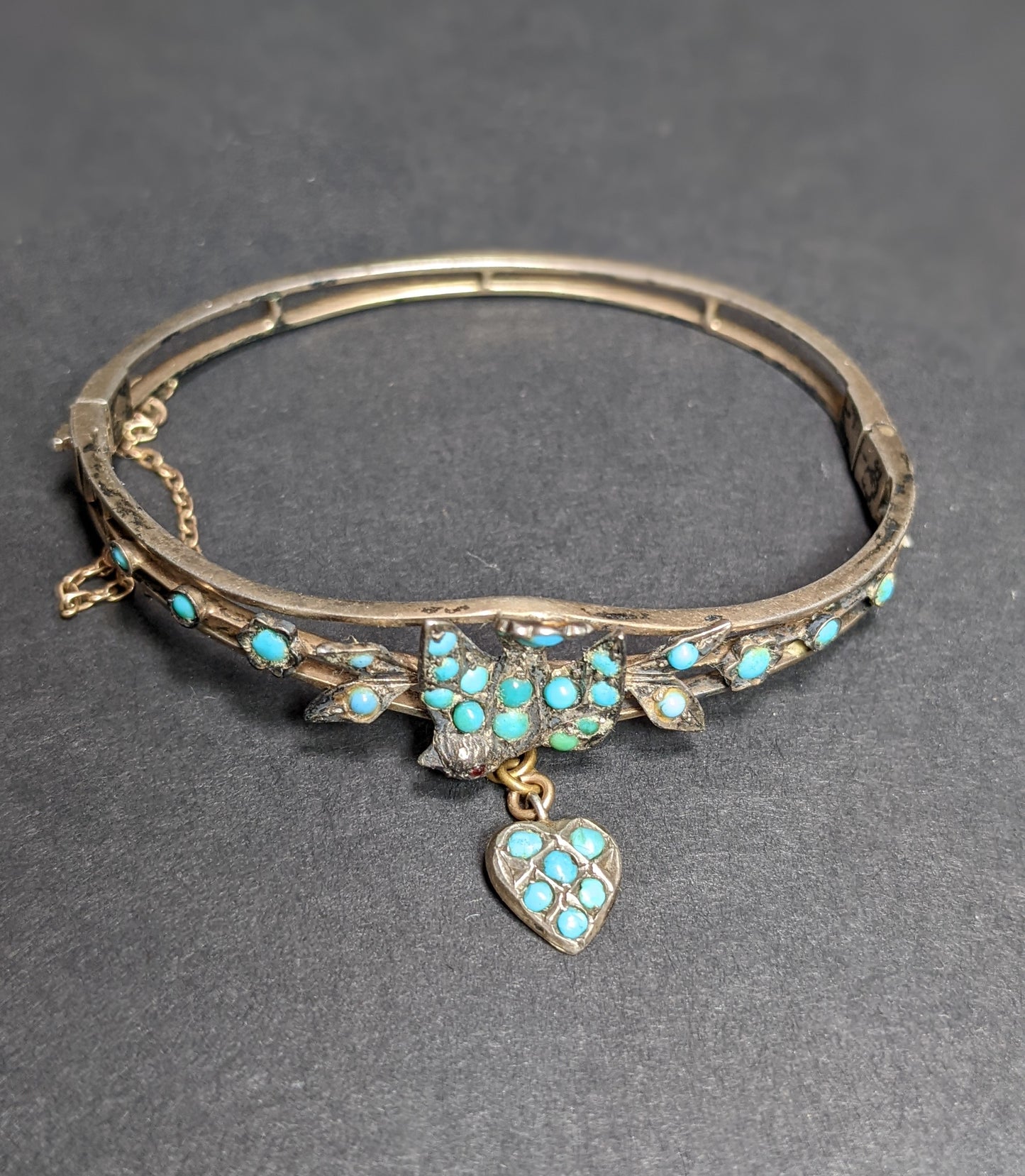 Biedermeier Silver and Turquoise Dove and Heart Bracelet