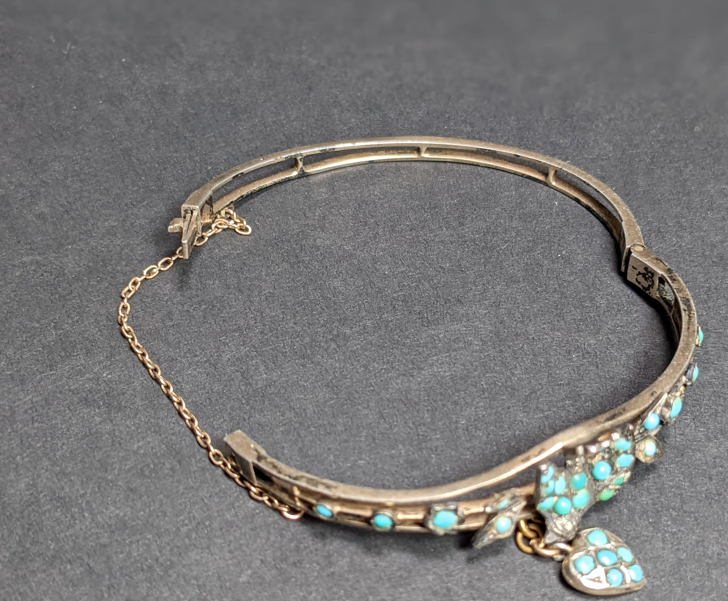Biedermeier Silver and Turquoise Dove and Heart Bracelet