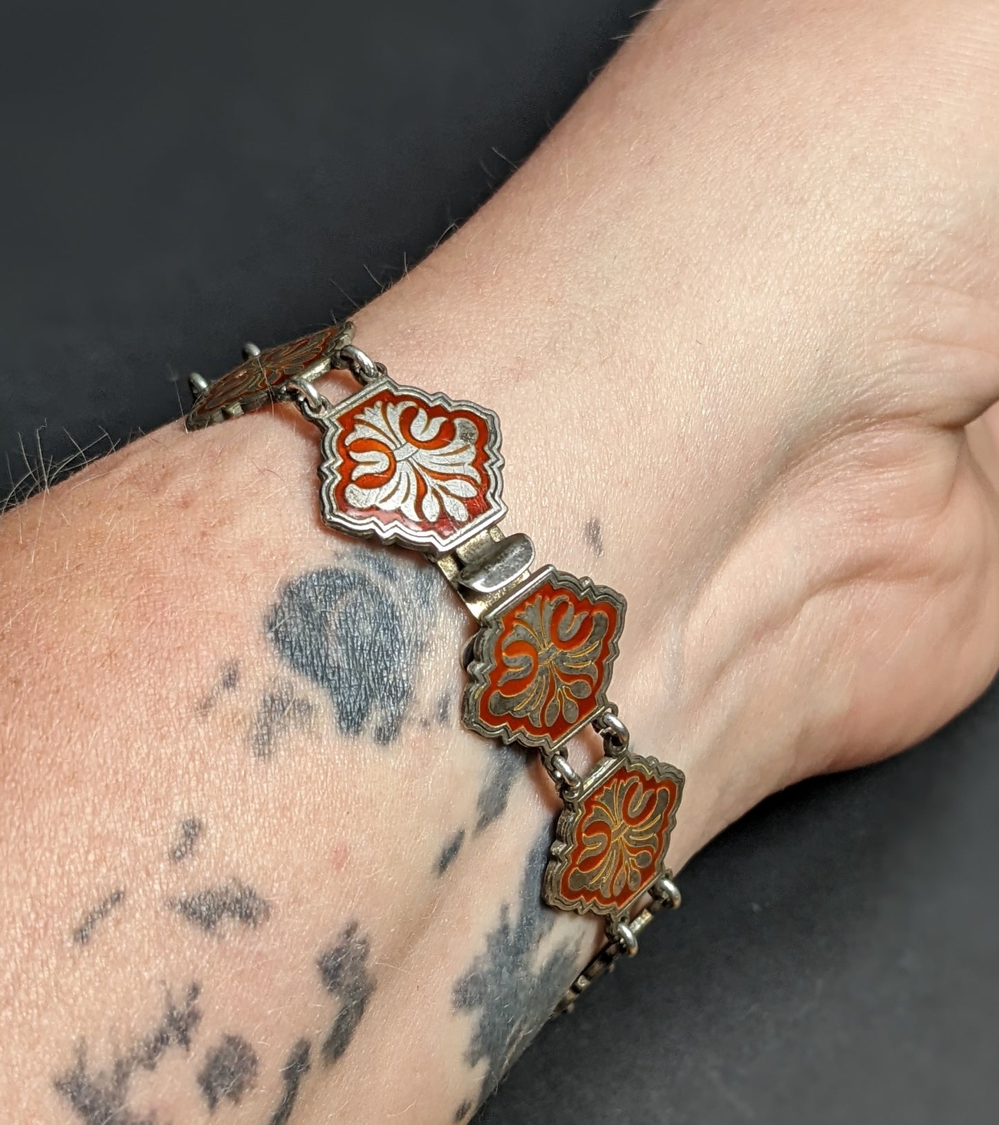 Antique silver and red enamel bracelet