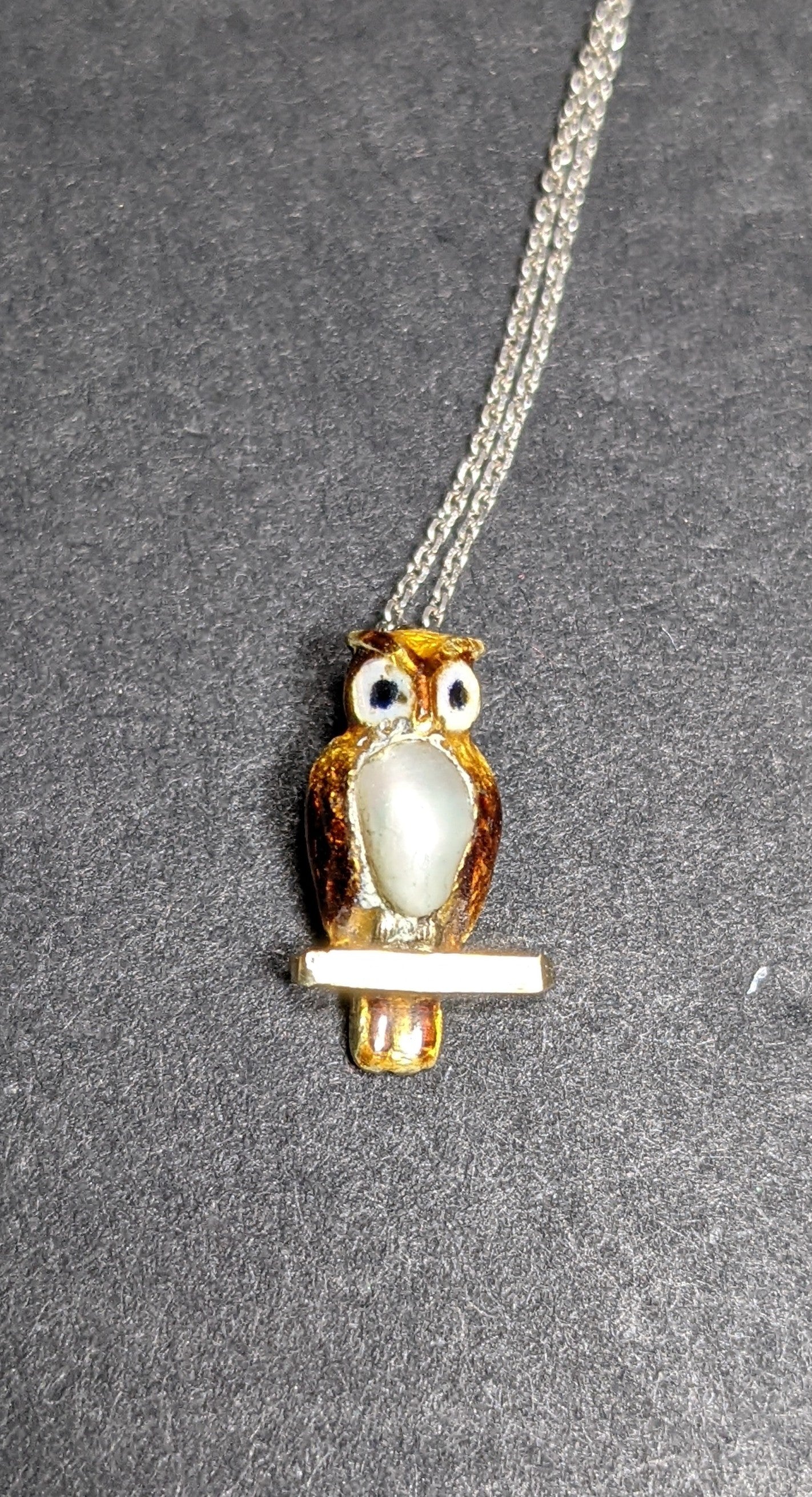 Exquisite pearl and enamel owl pendant on white gold chain
