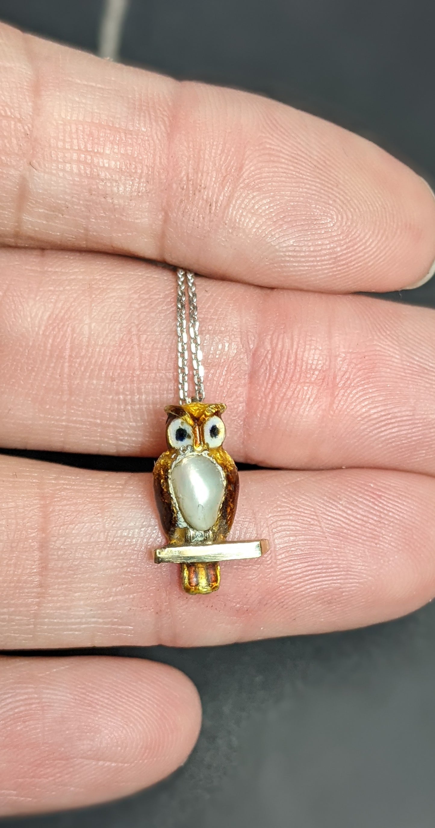 Exquisite pearl and enamel owl pendant on white gold chain