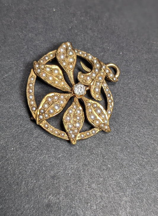 14k Art Nouveau Flower Pendant with Seed Pearls and Center Diamond