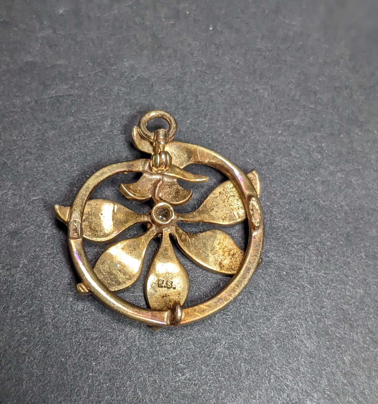 14k Art Nouveau Flower Pendant with Seed Pearls and Center Diamond