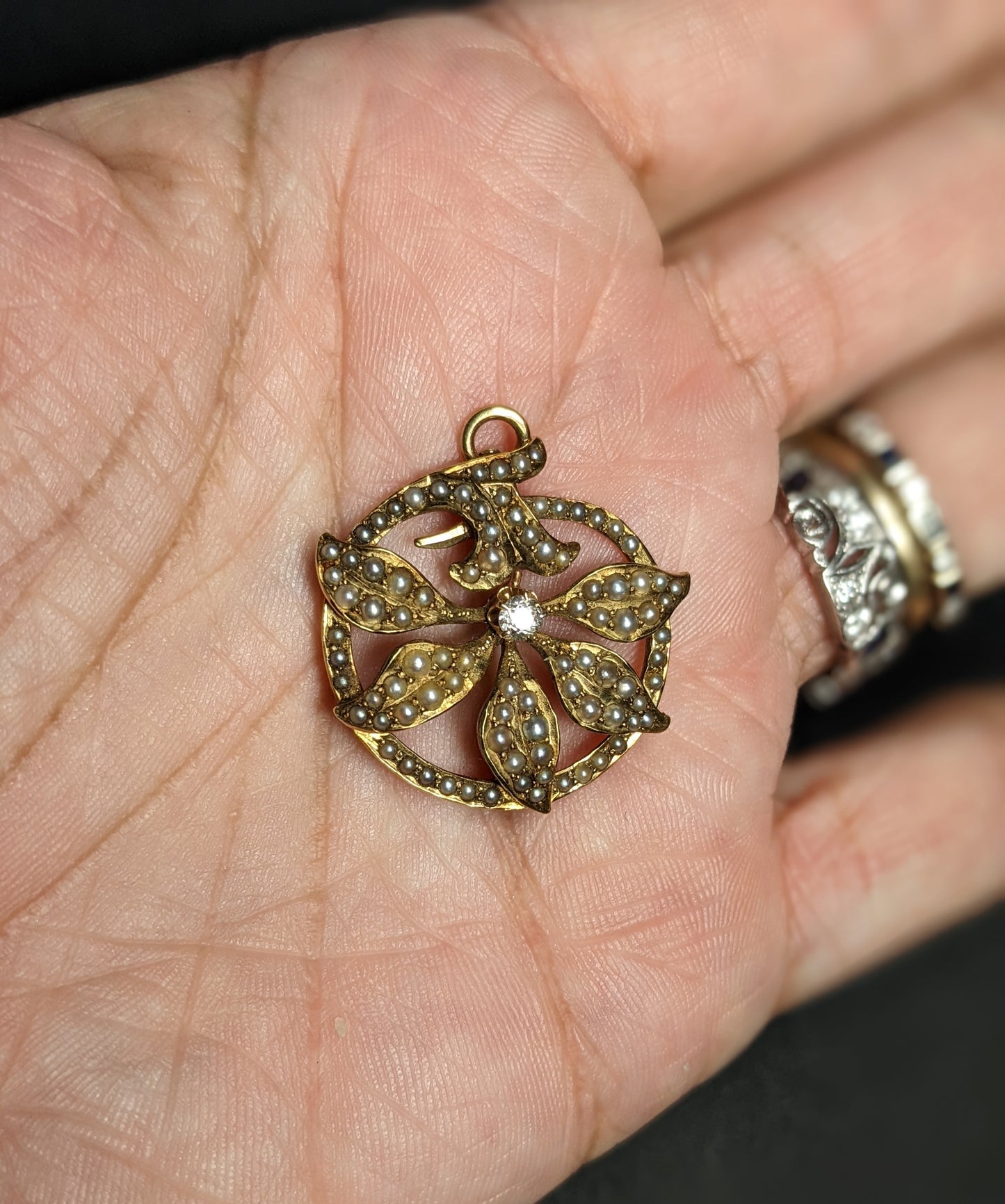 14k Art Nouveau Flower Pendant with Seed Pearls and Center Diamond