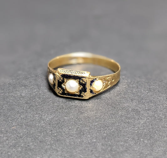 Dainty enamel and half pearl mourning ring