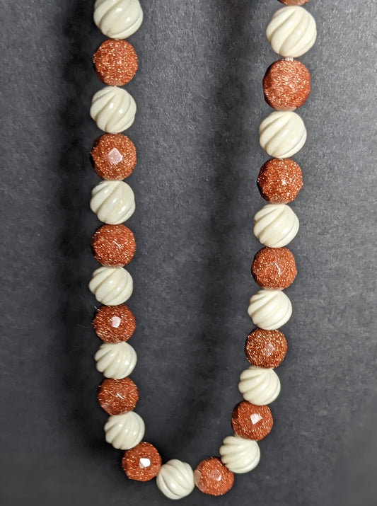 German tiger eye and carved bone necklace with gold clasp