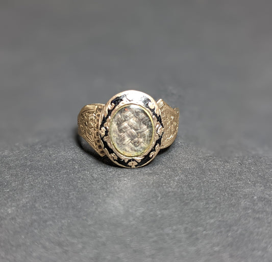 English hand chased and enameled mourning ring