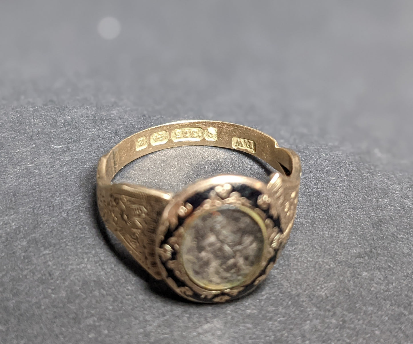 English hand chased and enameled mourning ring