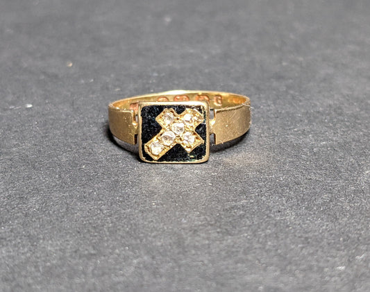 English 18k Cross enamel and diamond mourning ring