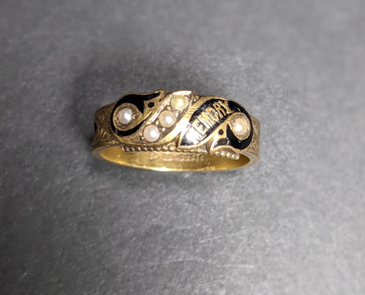 15k English mourning with "memory" enamel and seed pearl