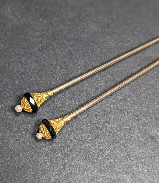 Matching set of 14k onyx and pearl hat pin