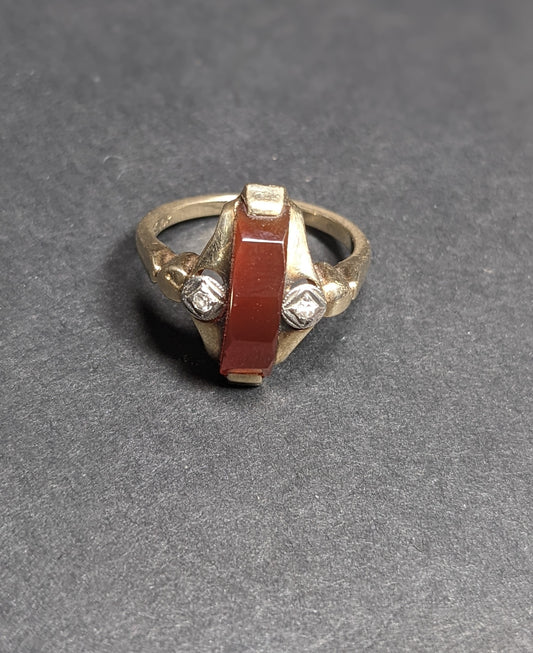 Arts and Craft 10k Carnelian and Diamond Ring