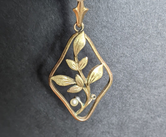 Jugenstil and Seed Pearl Pendant on Dainty Gold Chain