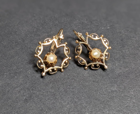 Pearl and 14k Scroll Work Earrings