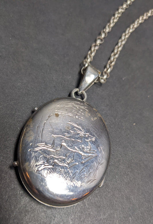 1940 Silver locket on belcher chain stag and hound engraved