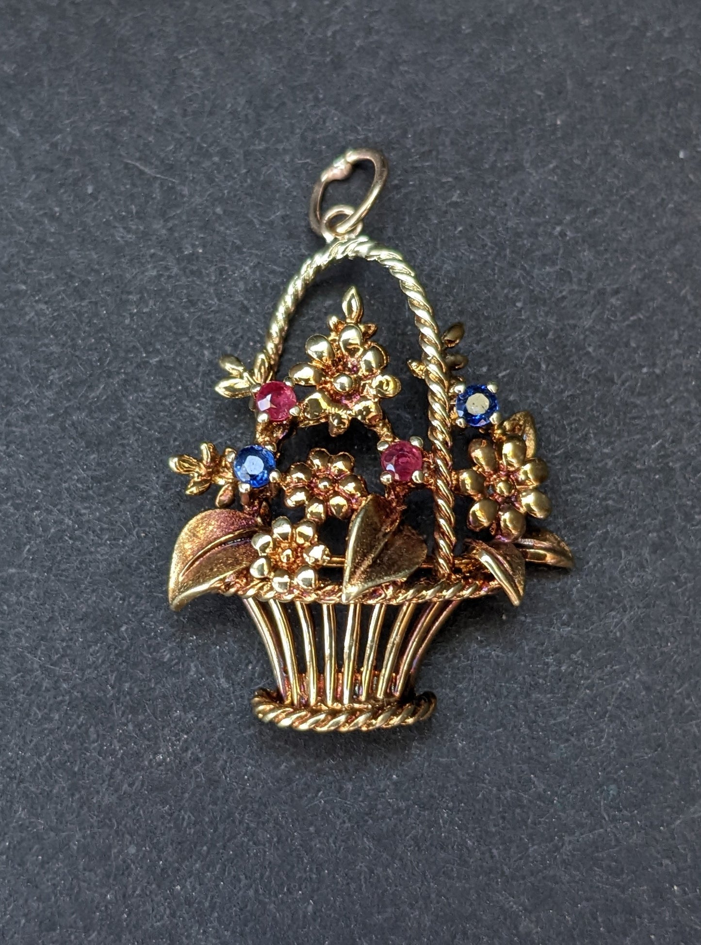 14k basket pendant with sapphire and ruby