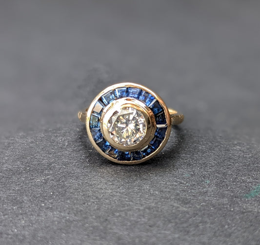 Art deco sapphire halo diamond ring