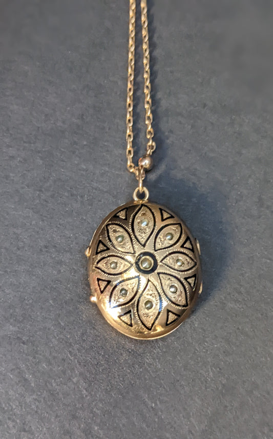 14k German locket with enamel on long beaded chain