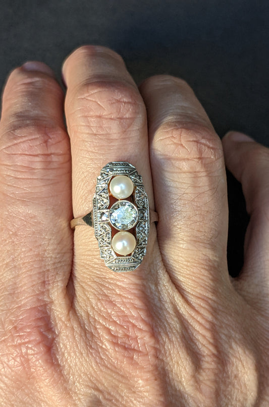 American 14k Art Deco diamond and pearl ring
