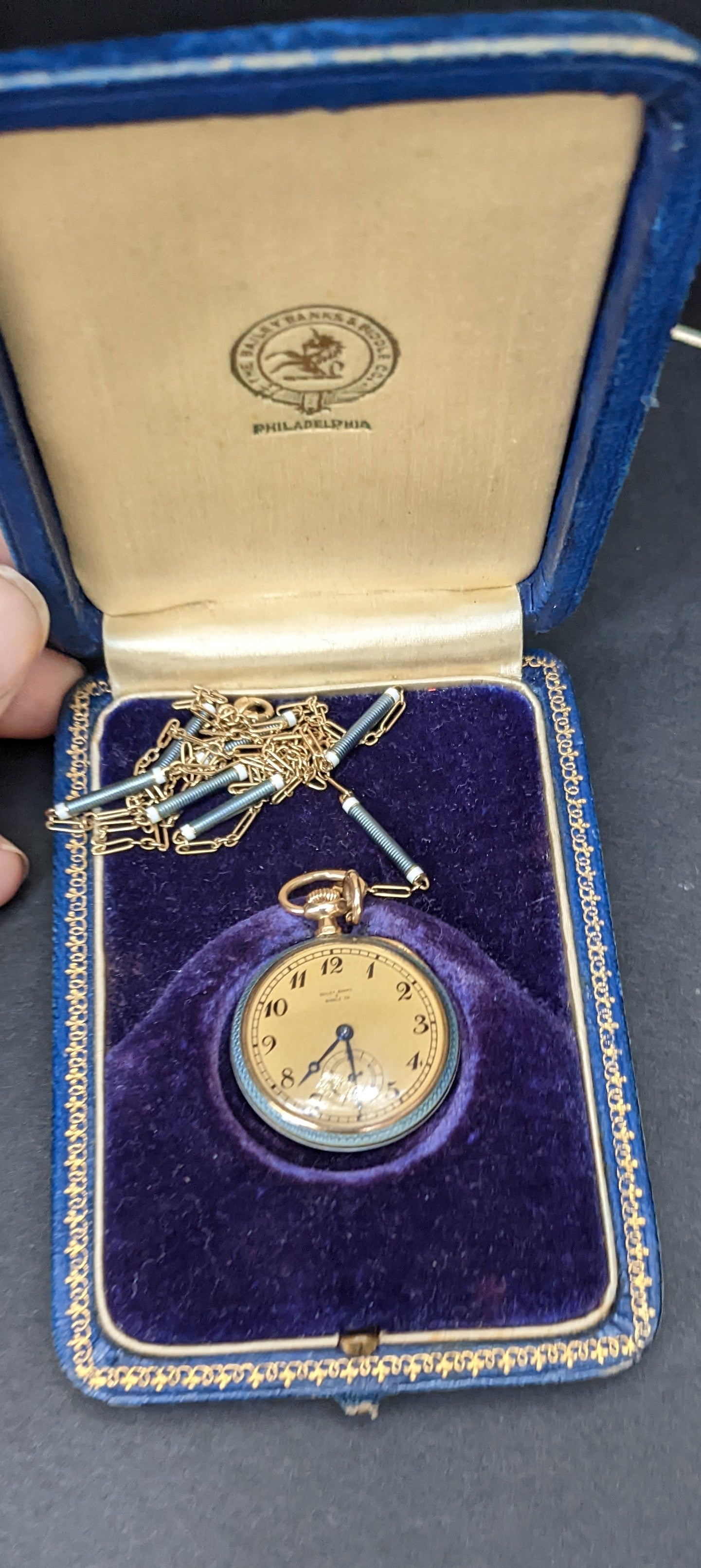 14k blue guilloche enamel watch and matching chain