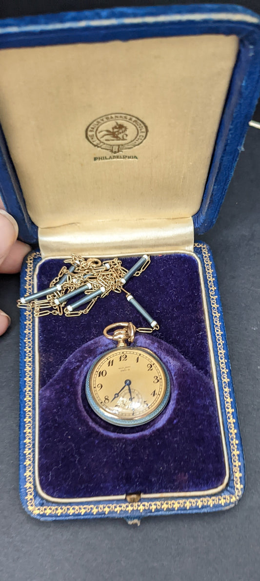 14k blue guilloche enamel watch and matching chain