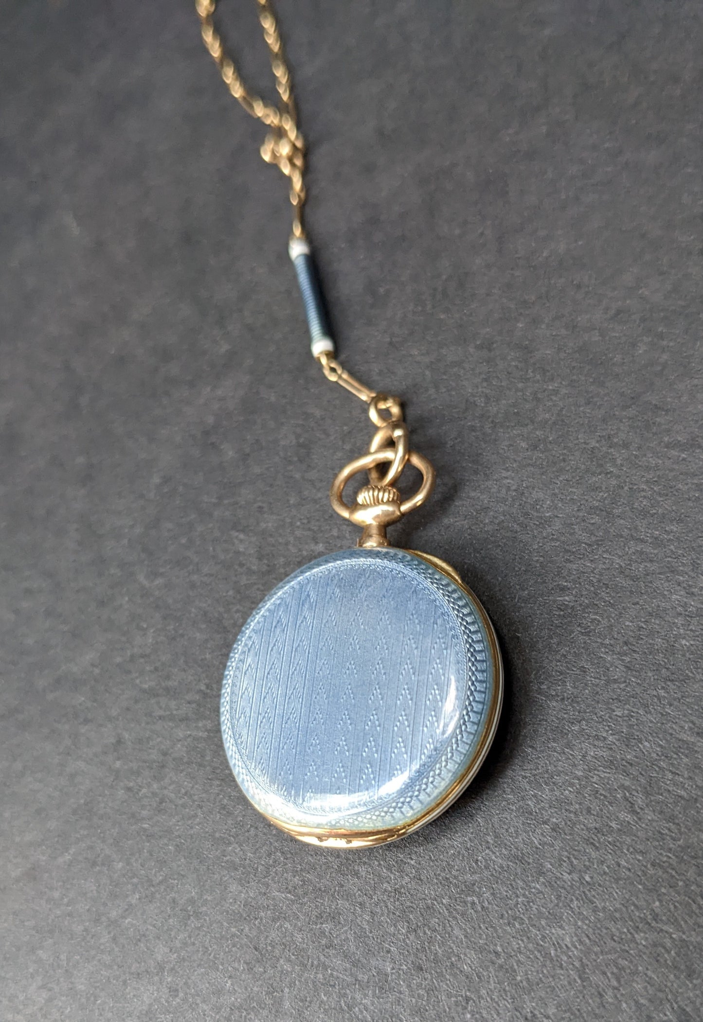14k blue guilloche enamel watch and matching chain