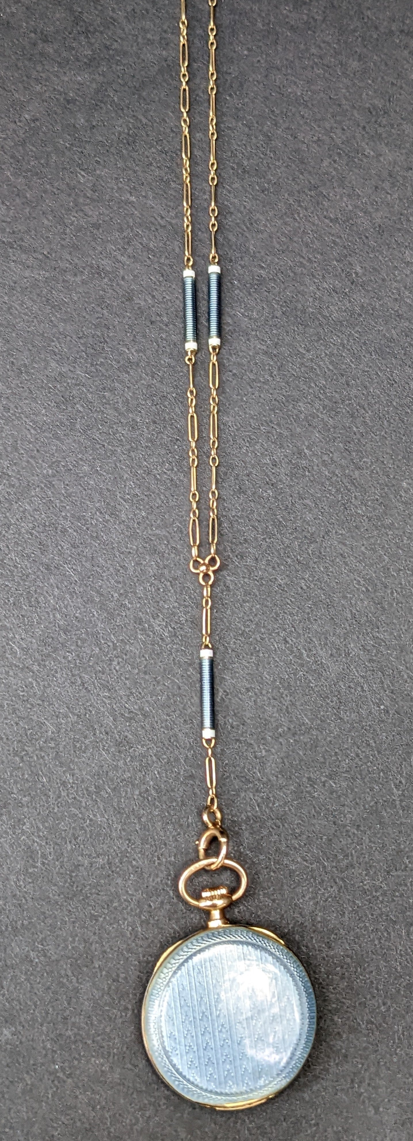14k blue guilloche enamel watch and matching chain
