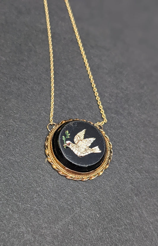 Micro mosaic dove in gold frame with 14k chain