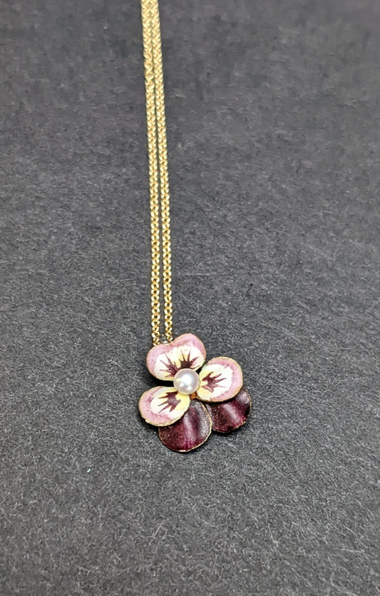 Enamel pansy pendant with pearl on chain